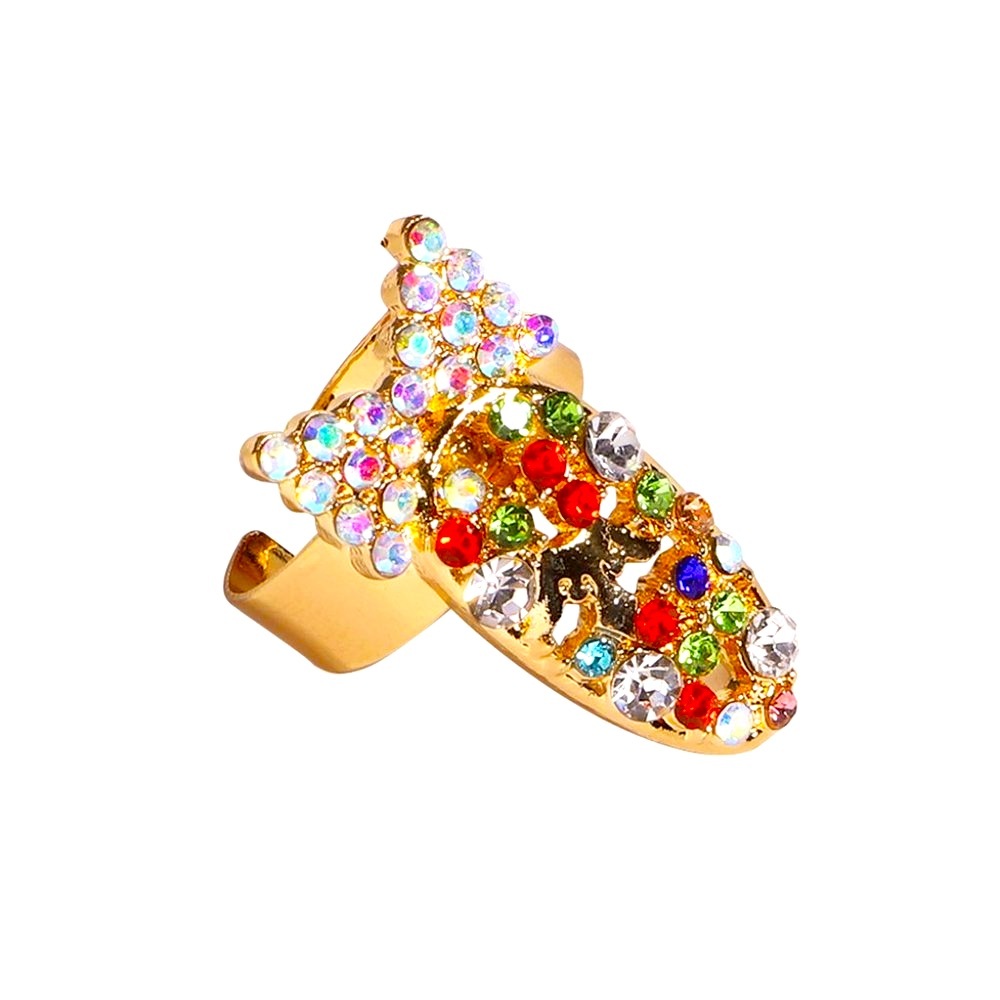 Retro Red Crystal Diamond Bow Colorful Manicure Open Nailtip Ring 0274